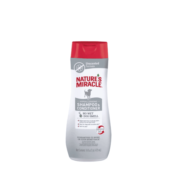 NATURES MIRACLE SHAMPOO Y ACONDICIONADOR HIPOALERGENICO. SIN FRAGANCIA. 473 ML