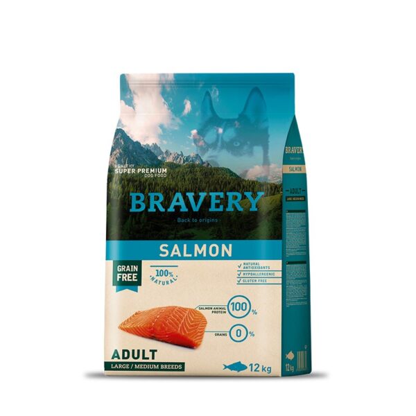 BRAVERY SALMON ADULT LARDE/MEDIUM BREED 12KG - PERRO ADULTO RAZA MEDIANA Y GRANDE SALMON